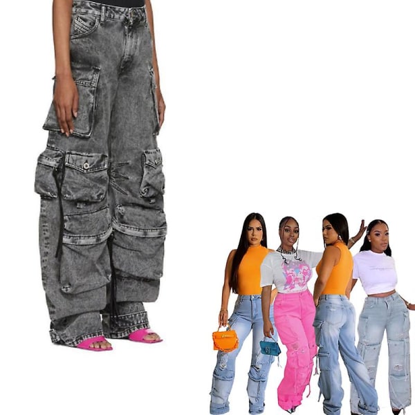 Damer med hög midja Cargo Jeans Byxor Y2K Baggy Lösa Distressed Ripped Långa jeansbyxor med multi fickor Grey L