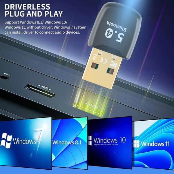 Bluetooth 5.4 Dongle, USB Bluetooth-adapter, til pc-tastatur, mus, headset, gamepad, Plug and Play under Windows 11/10/8.1/7