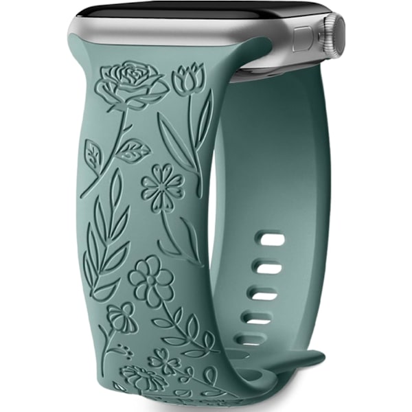 Blommig Graverad Rem Kompatibel med Apple Watch Rem 38mm 40mm 41mm för Kvinnor, Ersättningsarmband för iWatch Series SE 9 8 7 6 5 4 3 2 1, Tallgrön Green
