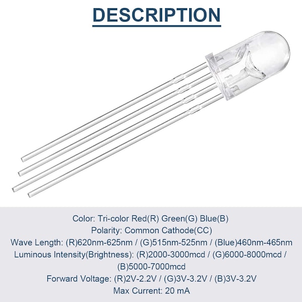 100-pakning 5 mm LED-er med felles katode, DC 3 V, 20 mA, RGB tri-farge (rød/grønn/blå)
