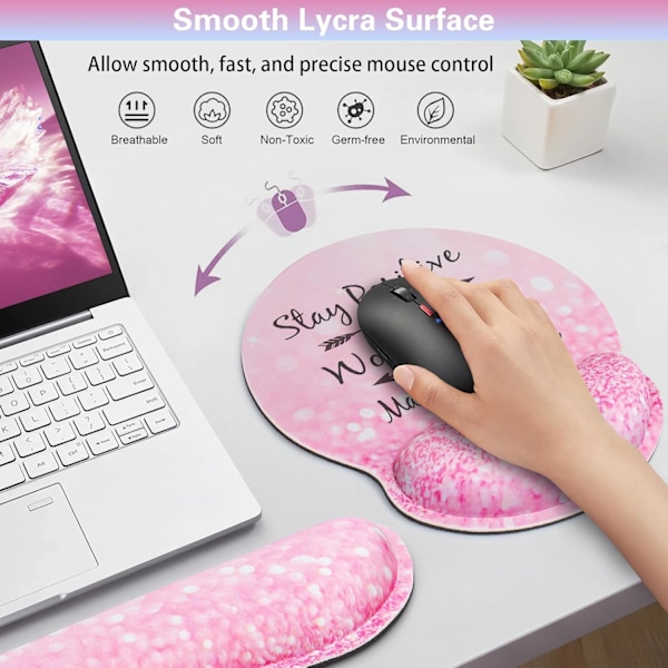 Musmatta med handledsstöd, Qomolama 3-i-1 handledsstöd musmatta set, Gaming musmatta med halkfri bas, Ergonomisk musmatta, Memory Foam tangentbord Pink Particle