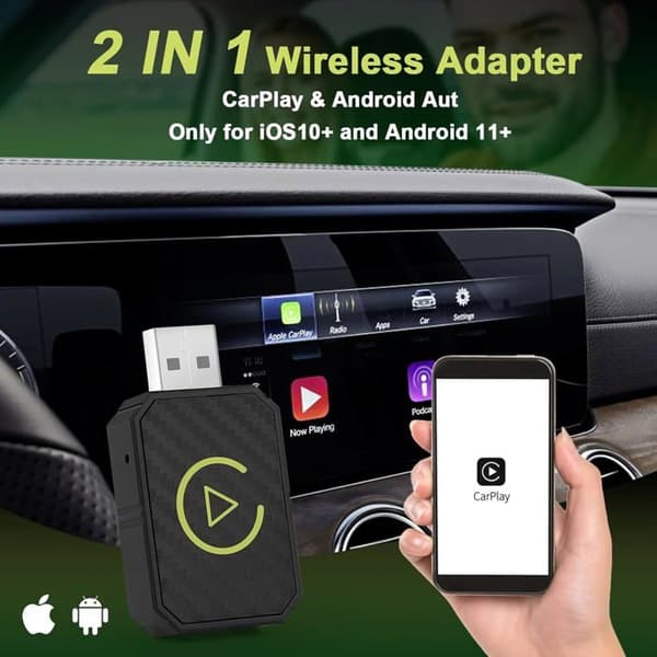 Langaton CarPlay-sovitin, CarPlay USB-dongle, 2-in-1 langaton CarPlay-sovitin autoon ja Android Autoon, 5G WiFi, Plug & Play