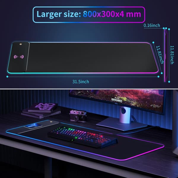 Gaming Musematte med LED-lys - RGB - med 15W Trådløs Lading, Skrivebordsmatte, Stor LED Musematte med 10 Lysmoduser