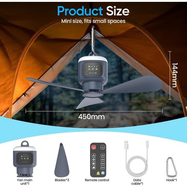 12000mAh Bærbar Campingventilator med Lys til Camping, USB, til Telt, Pavillon, Autocamper, Soveværelse