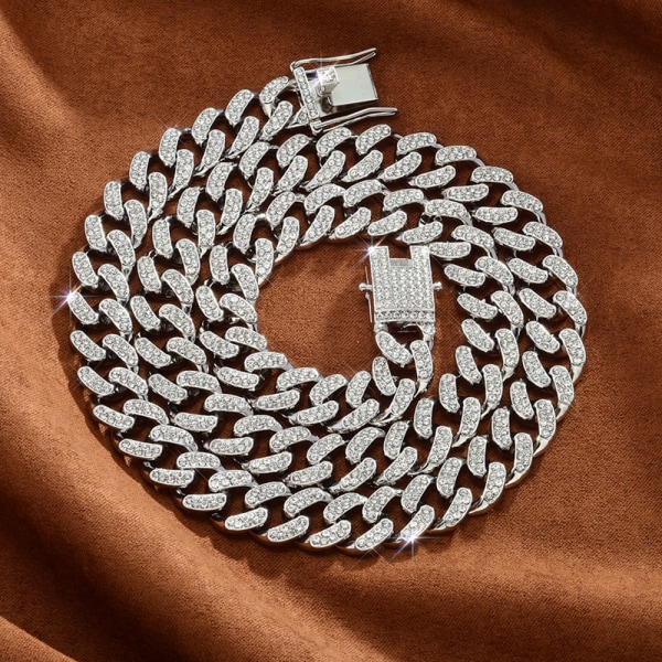 Kubanskt Halsband Lätt Lyx Mode Hundra Legering Strass Halsband Hip Hop Halsband Silver 15mm