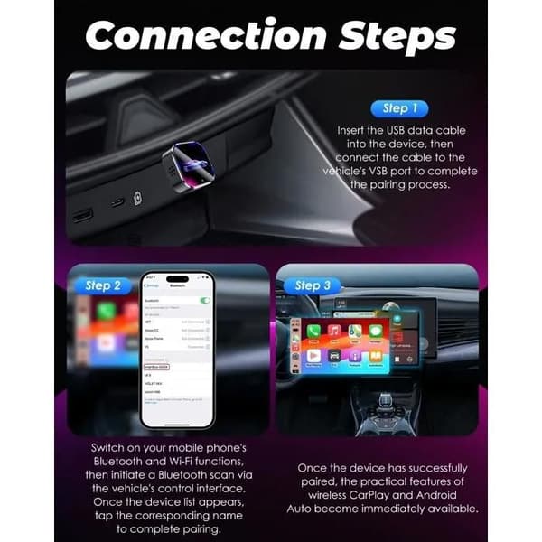 XJYDNCG trådløs CarPlay & trådløs Android Auto-adapter, Type-C/USB, CarPlay til iOS 10+/Android 11+