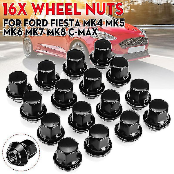 16 kpl PYÖRÄNMUTTEREITA - FORD FIESTA MUSTA ALUMIINIVANNE MK4 MK5 MK6 MK7 MK8 (M12x1.5)