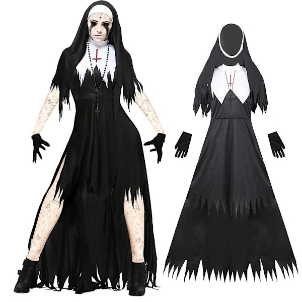 Vuxen nun cosplay maskerad vampyr halloween fest klänning kostymer awo00261 Black M