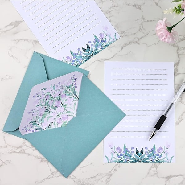 Brevpapper med Kuvert - Unikt Blomstermönstrat Brevpappersset för Inbjudningspresenter (24 Set)