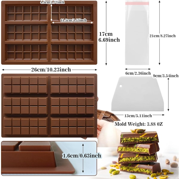 Djup chokladform i silikon, djup silikonform för 6 chokladkakor med skrapa och 100-pack påsar, Dubai chokladform för praliner och godis 1pc