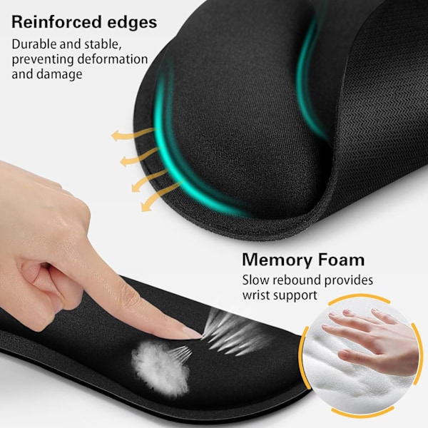 Musmatta med handledsstöd, 3-i-1 handledsstöd musmatta set, gaming matta med anti-halk bas, ergonomisk musmatta, memory foam tangentbord gel handledsstöd Black