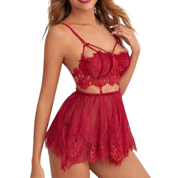 Pyjamas för kvinnor sommar tunn genomskinlig spets hängslen sovkjol sexiga underkläder Red XL