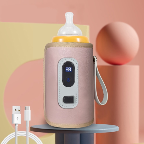 ble Isoleringärm för Babyflaska, Mjölkvärmare för Bebisar med LCD-Skärm, USB-Isoleringsflaska för Bilresor, Pink