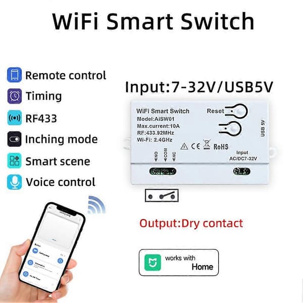 For Xiaomi Home APP WiFi Smart Switch DIY Timer 7-32V Smart Remote Switch WIFI+RF433 Smartlife Home Automation Module White