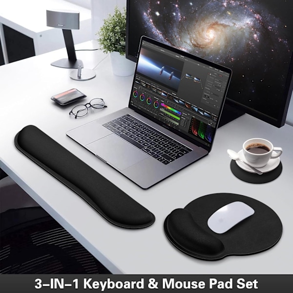 Musmatta med handledsstöd, 3-i-1 handledsstöd musmatta set, gaming matta med anti-halk bas, ergonomisk musmatta, memory foam tangentbord gel handledsstöd Black