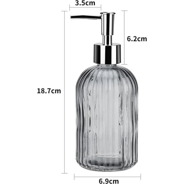 2 st tvålpumpar i glas, vit och grå, påfyllningsbara, etikett för badrum/kök