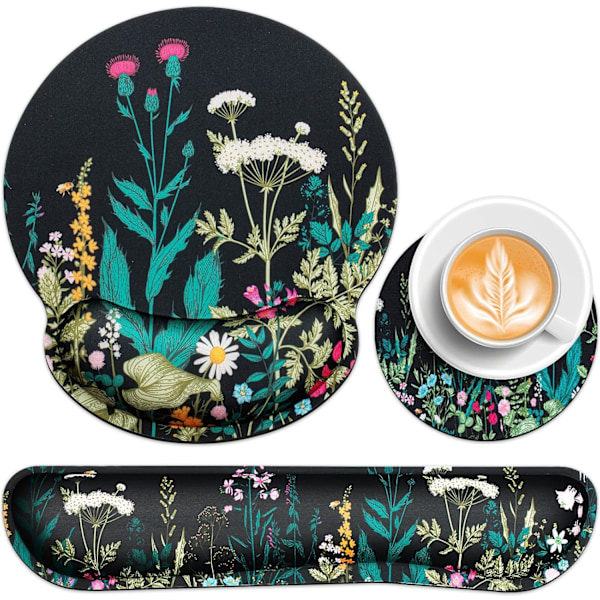 Musmatta med handledsstöd set rosa, 3-i-1 handledsstöd musmatta set, spelmatta med halkfri bas, ergonomisk musmatta, minnesskum tangentbordsgel Flowers & Plants