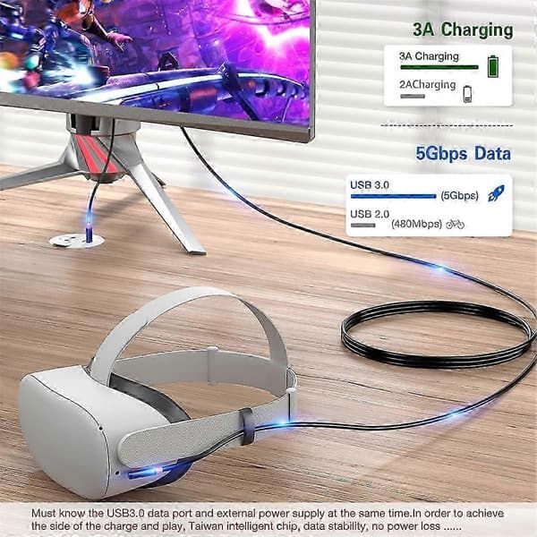 USB3.2 Gen1 VR Link-kabel til Quest 1 2 3/ Neo 3/ 4 Hurtig Opladning 9V 2A 5Gbps USB-C VR Stream Line