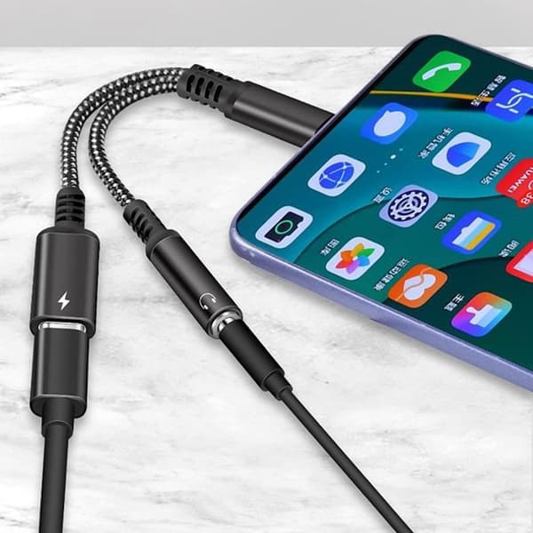 USB C til 3,5 mm jack-adapter, 2 i 1 med 60W PD hurtigopladning.