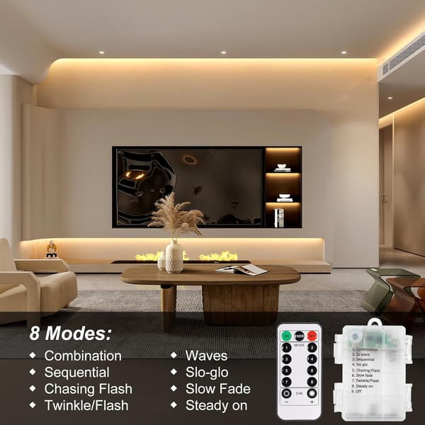 3m Battery Operated LED Strip Lights with Remote Control, Waterproof, 8 Modes, Dimmable, Timer, Self-Adhesive Cuttable (Warm White)