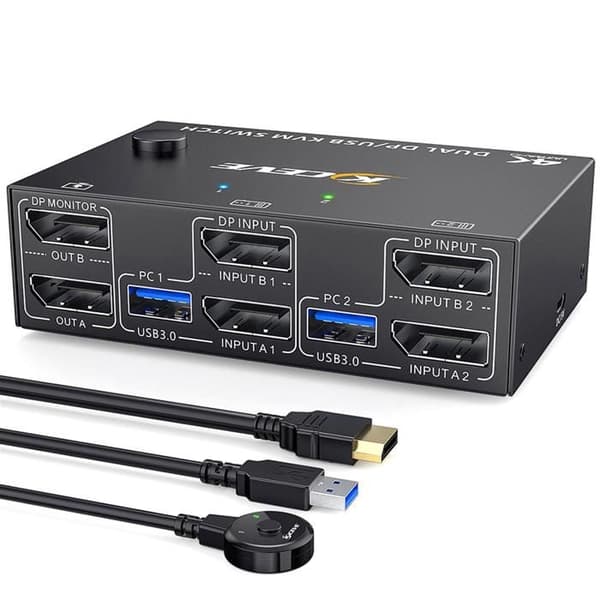 KVM-switch med dubbla bildskärmar DisplayPort, 4 USB 3.0-portar för 2 datorer, 2 ingångar, 2 utgångar, DP 1.4 KVM