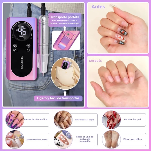 Uppladdningsbar Nagelmaskin 45000RPM Med LCD Lågt Ljud Professionell Nagelpolerare Med Tillbehör Elektrisk Manikyrset Pink
