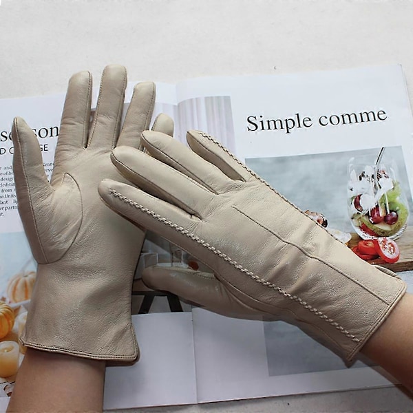 Nye læderhandsker til damer, farve korte fåreskinds stribede fløjlsforede vinterhandsker til kulde og varme LGL Gullig brun Yellowish brown 8
