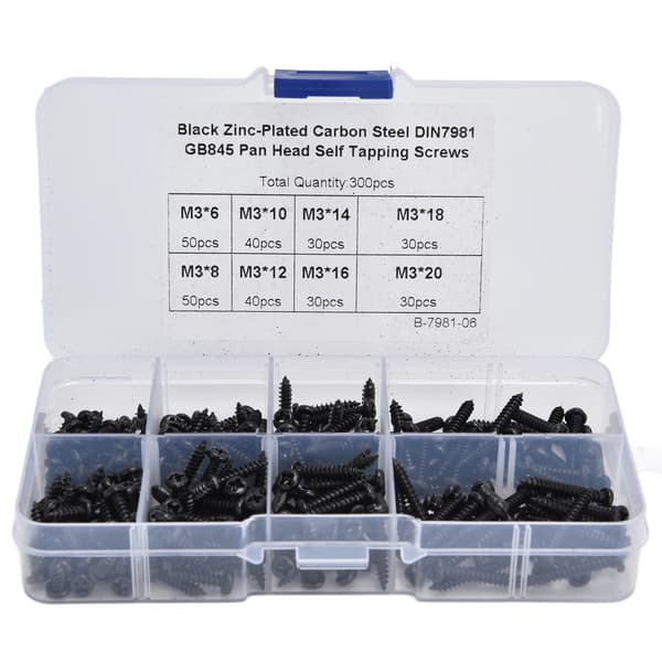 300 pcs Self-Tapping Screws Phillips Countersunk Head Assortment Kit Carbon Steel M3 Black
