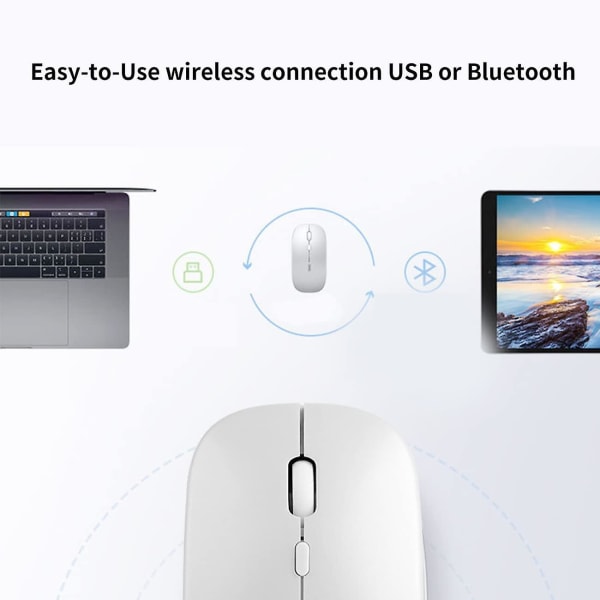 Uppladdningsbar trådlös Bluetooth mus, 3 Dpi-justeringshastigheter, tyst klick, kompatibel med alla bärbara datorer/ipad/mac/pc, trådlös nano- USB -mottagare (whit