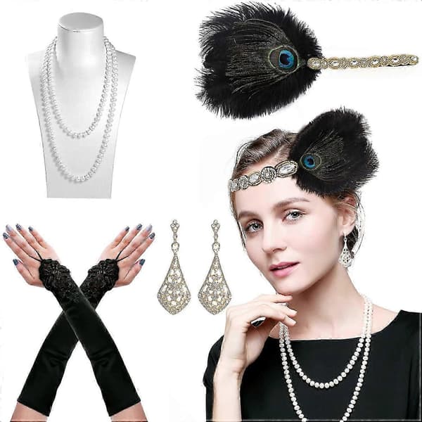 Flapper Tilbehør, 1920'er Gatsby Tilbehør til Kvinder Inkluderer Flapper Pandebånd Halskæde Handsker Sort Gold and Black