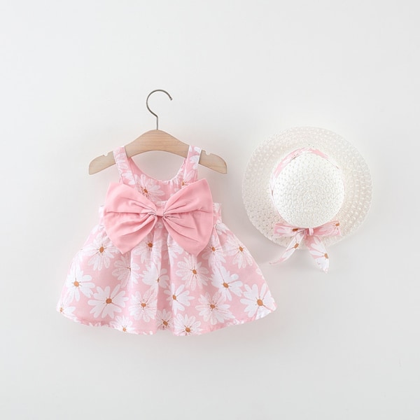 Sommarfödd Baby Kläder Småbarn Flick Kläder Bomull Strand Hängselklänning+Solhatt Prinsessklänningar 2 st Red 2-3Y
