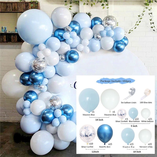 Ballongbåge, ballonggirlandsats, ballongfödelsedagsdekorationer, 107 bitar Makron Metallic Blå Vitguld Silverkonfettiballonger för pojke Baby Sh