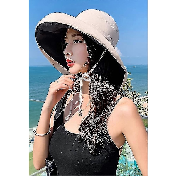 Dame Bredskygget Solbeskyttelses Stråhat, Foldbar Slap Hat, Sommer UV-Beskyttelse Strandhat Upf 50+ Beige