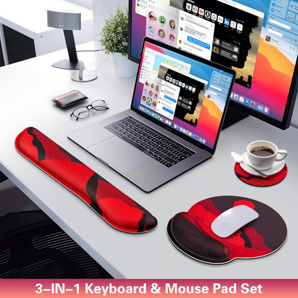 Musmatta med handledsstöd, Qomolama 3-i-1 handledsstöd musmatta set, Gaming musmatta med halkfri bas, Ergonomisk musmatta, Memory Foam tangentbord Golden Mountain-red