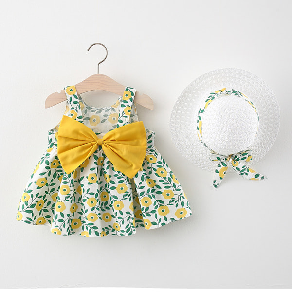 Sommarfödd Baby Kläder Småbarn Flick Kläder Bomull Strand Hängselklänning+Solhatt Prinsessklänningar 2 st Green 2-3Y