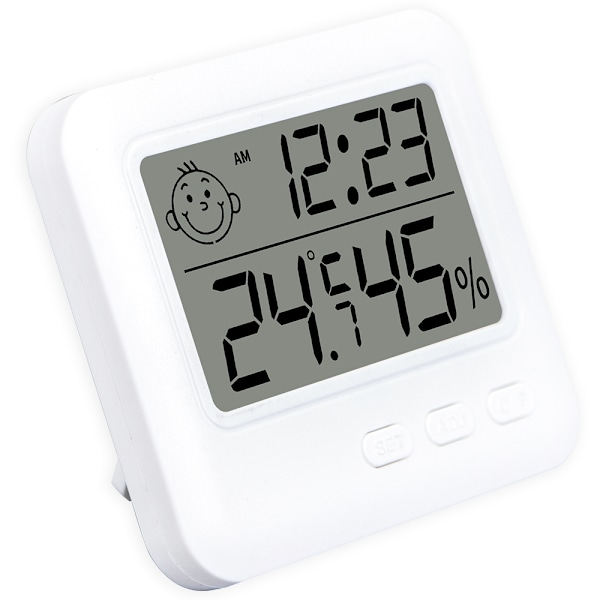 Smiling Fa Temperatur- og Fugtighedsmåler Indendørs Husholdningsvejrstation LCD Digitalt Termometer Hygrometer Med Vækkeur White