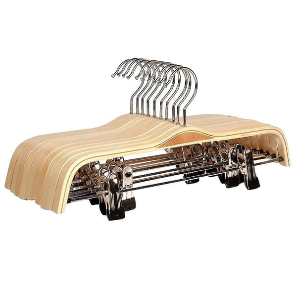 10-pack Solid Wood Pants/Skirt Hangers with Rust-Resistant Clips, Clothes Hanger