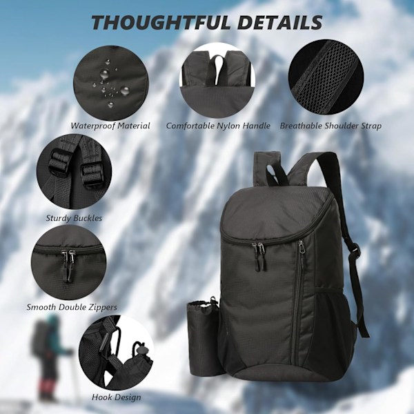 Flintronic Ultralätt Hopfällbar Ryggsäck, Vandringsryggsäck för Män och Kvinnor, Vattentät Reseryggsäck, Idealisk för Trekking, Resor, Vandring och Camping 15l Black