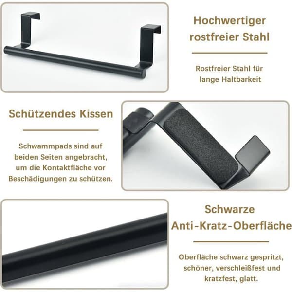 Køkkenhåndklædeholder i rustfrit stål, ophæng (ingen boring påkrævet), sort, 24 cm