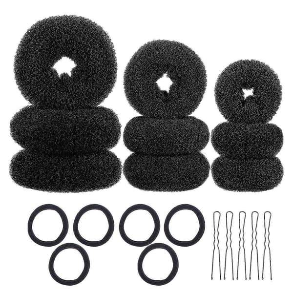 Sort Hårstyling Sæt med Donut Hårknold Maker Elastikker U-formede Clips til Hårbrug 3 Sæt Black 10X10cm