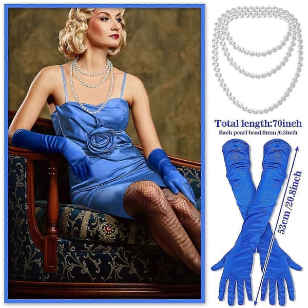 Flapper Tilbehør, 1920'er Gatsby Tilbehør til Kvinder Inkluderer Flapper Pandebånd Halskæde Handsker Sort Blue