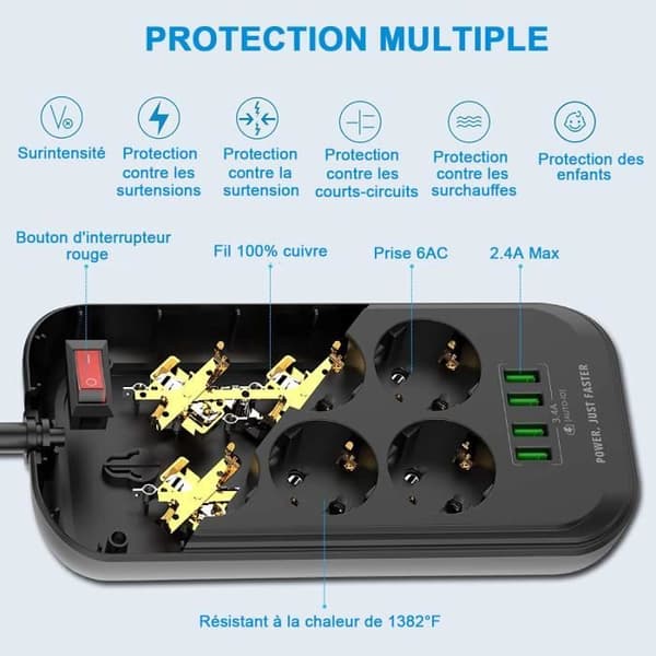 AUDBURN USB strømskinne - 6 uttak - 4 USB-porter - Overspenningsvern