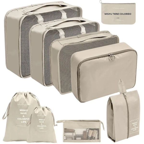 7/8/9/10 Delars Set Reseorganisatör Förvaringsväskor Resväska Packningskuber Set Fodral Bärbar Bagage Kläder Sko Ordning Påse Vikbar 9 pcs beige