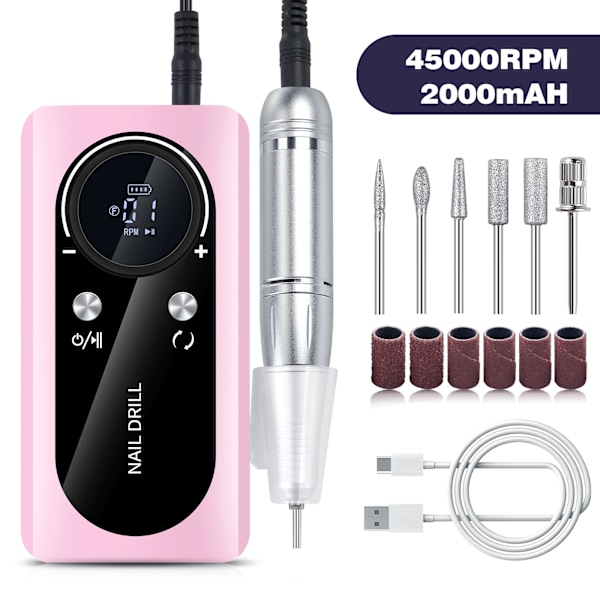 Snabb och effektiv 45 000 varv/min laddningsbar elektrisk nagelfil rosa