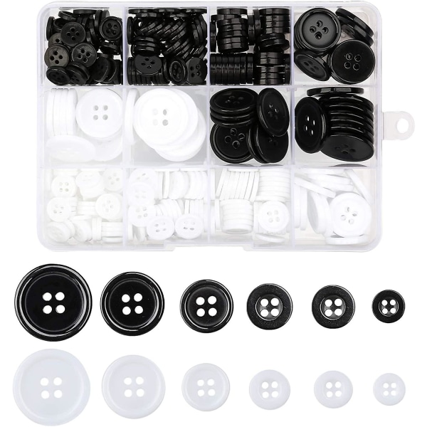 160 stycken Svarta+vita knappar Runda harts 4 hål Knappsömnad Hantverksknappar med förvaringslåda, Använd för scrapbookdekoration, stickning, virkning, hantverk