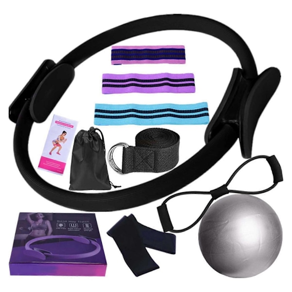Jooga Fitness 11-osainen setti Pilates-varusteet ja -tarvikkeet kotitreeneihin, rengas, vastuskuminauhat, pakaranauhat, joogapallo ja venytyshihnat Black