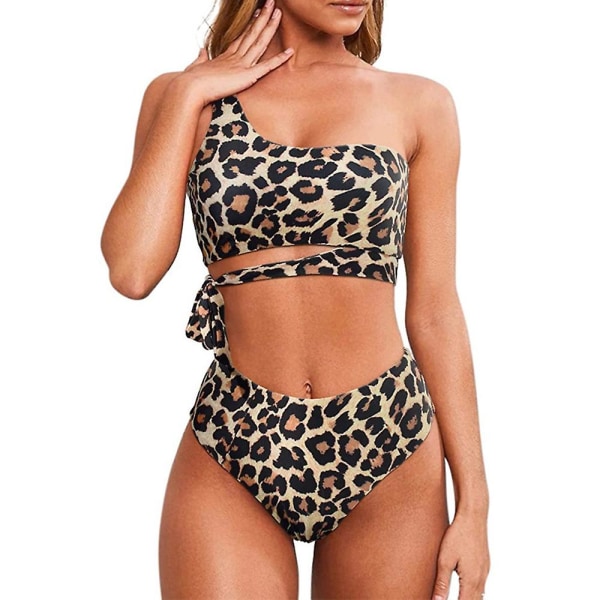Vadderad set för kvinnor med en axel-bh-topp + byxor med hög midja Spetsad baddräkt Sommarstrand Sexig utskurna badkläder Leopard L