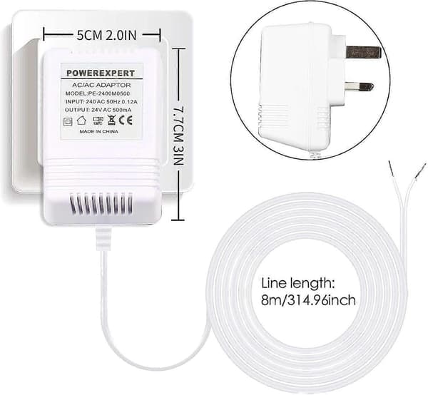 Ringklocka Transformator, 24V/500mA Strömadapter med Ringklocka Skruvmejsel Kompatibel med Video Ringklocka, 8M (315) Kabel (Vit)