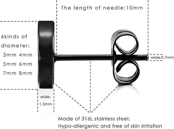 Sort Runde Ørestikker Sæt Rustfrit Stål Ørestikker til Mænd Kvinder 6 Par 3mm-8mm
