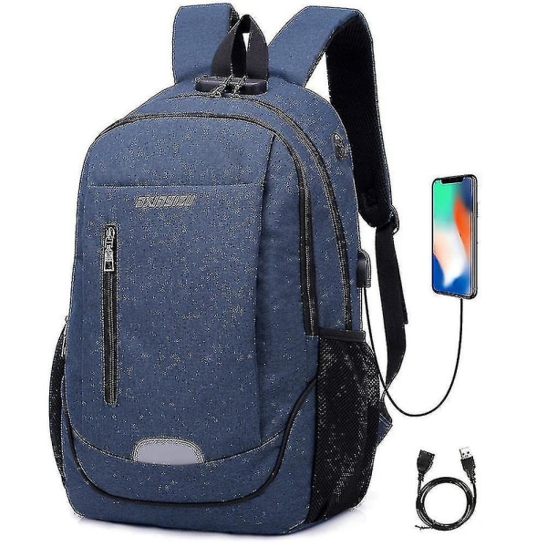 Student Skolväska USB Laddning Resväska Datorryggsäck-2 blue